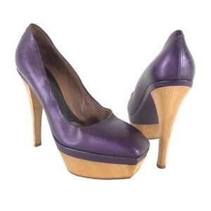Vintage Marni Leather Platform Pumps US 9 EU 39 Womens Purple Wood Heel $695